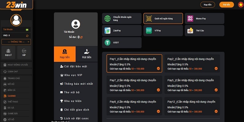 Lưu ý quan trọng trong quá trình nạp tiền 23win